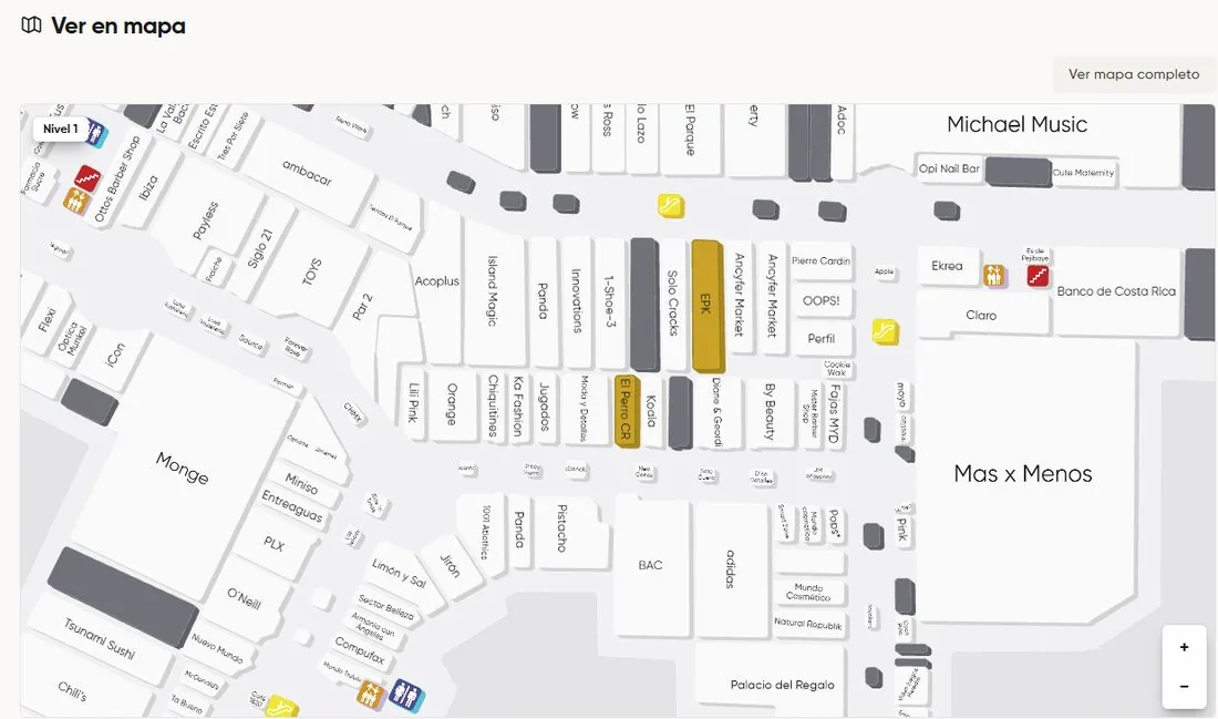 Mapa del nivel 1 de Paseo de las Flores con El Perro CR señalado junto a Koala y frente al BAC