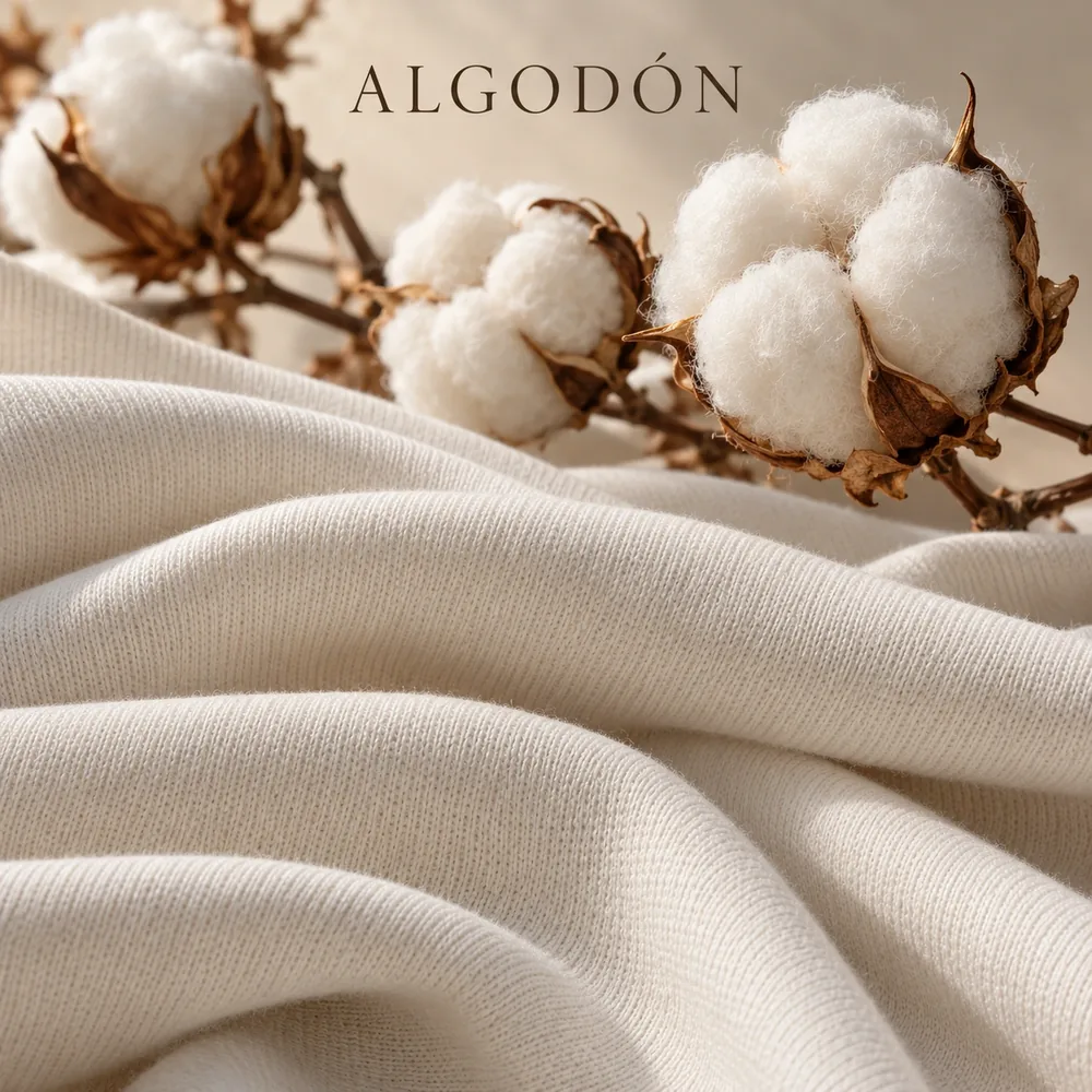 Tela de algodón 100 % en color crema, con pliegues suaves y capullos de algodón al fondo