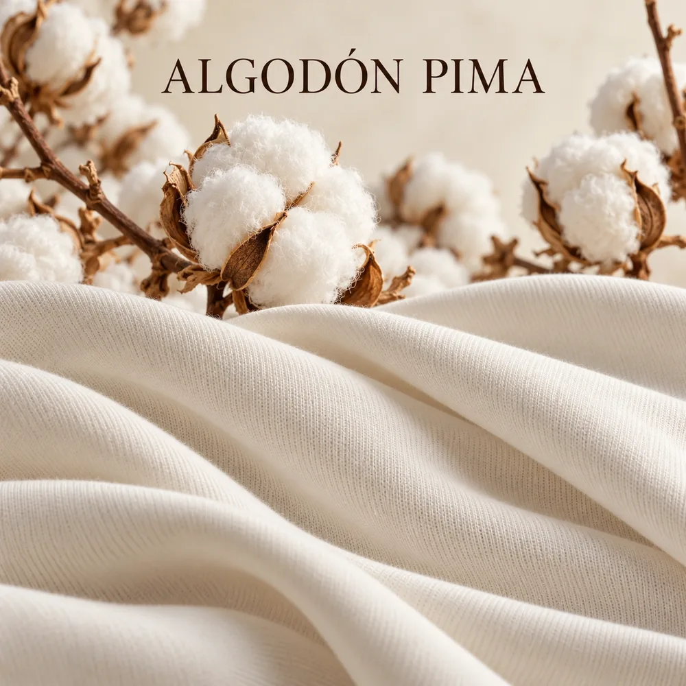 Tela de algodón Pima en color crema, con pliegues suaves y capullos de algodón al fondo