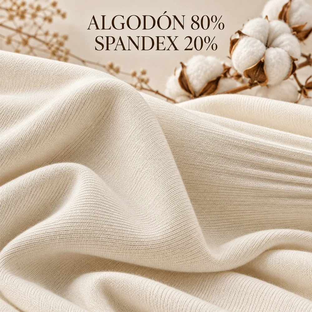 Tela de algodón con 20 % de spandex en color crema, con pliegues suaves y capullos de algodón al fondo